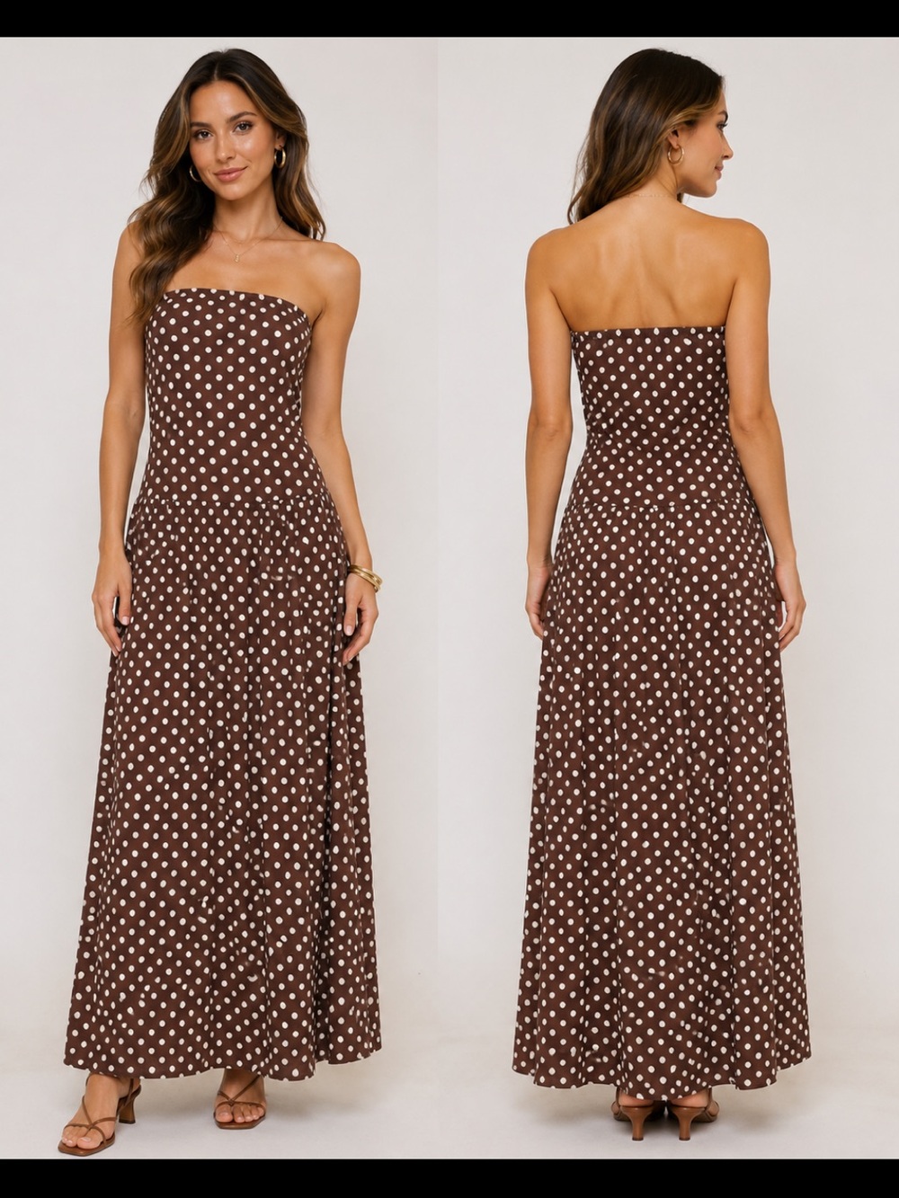 Women’s Strapless Brown Polka Dot Maxi Dress